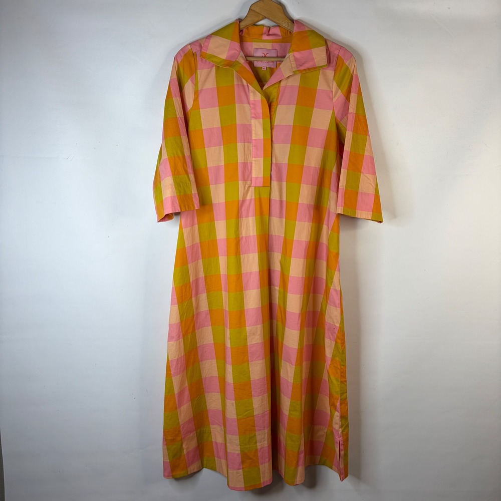 Quiet Culture Midi Shirt Dress Women M/L Pink Orange Gingham Check Pockets